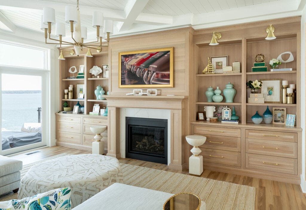 Bright living room with built-ins and fireplace